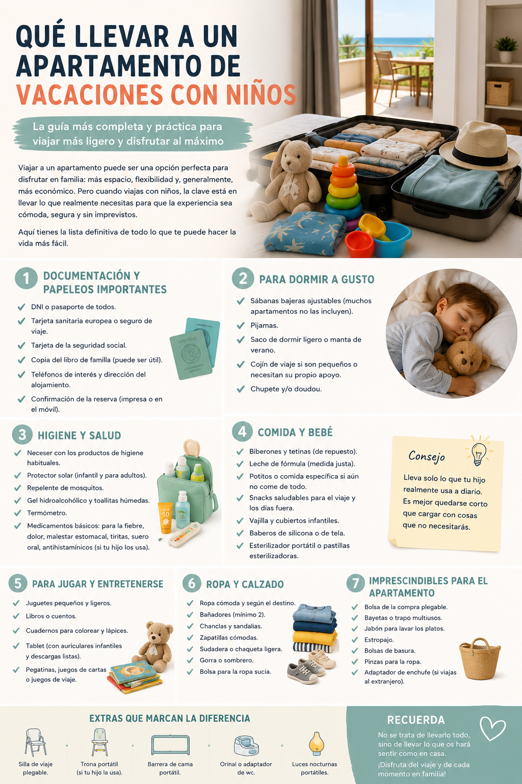 Qué llevar a un apartamento de vacaciones con niños: la lista definitiva para viajar sin estrés