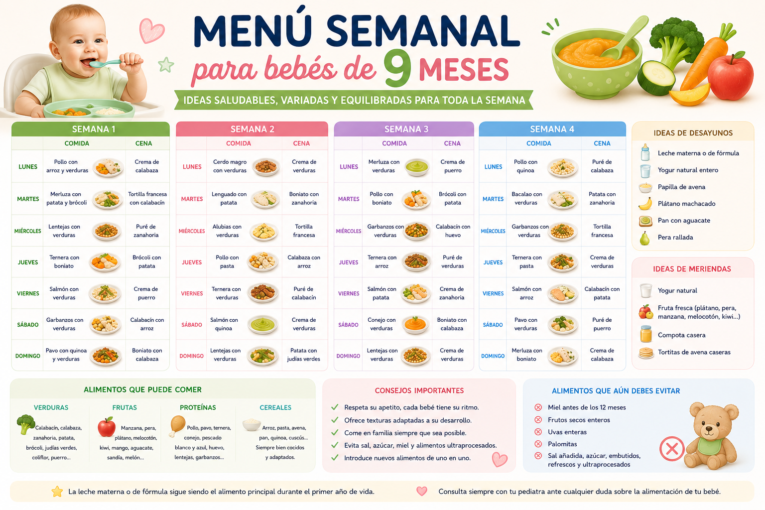 Menú semanal para bebés de 9 meses: ideas saludables para desayunos, comidas, meriendas y cenas